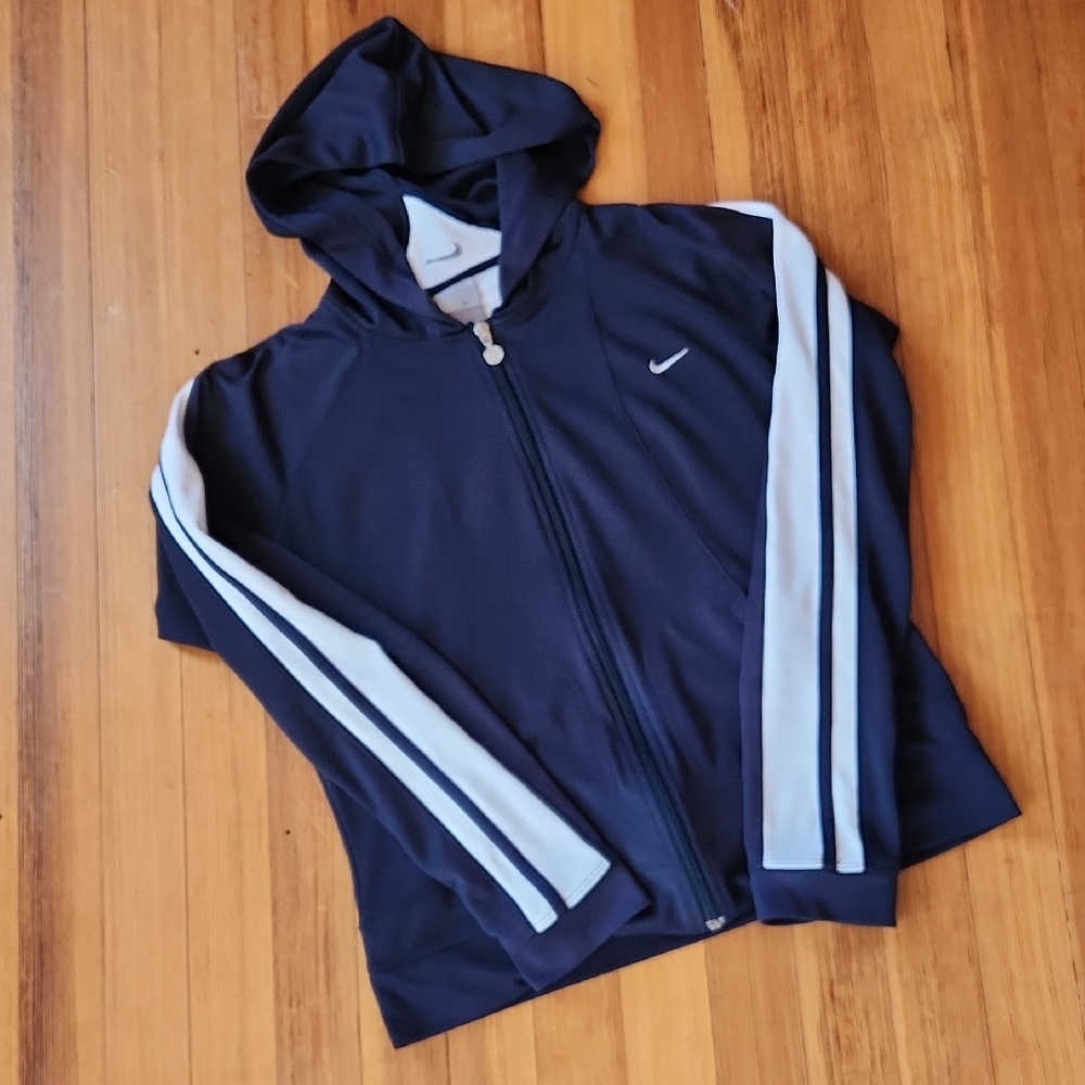 Nike Navy Blue and White Hooded Zip-Up Jacket